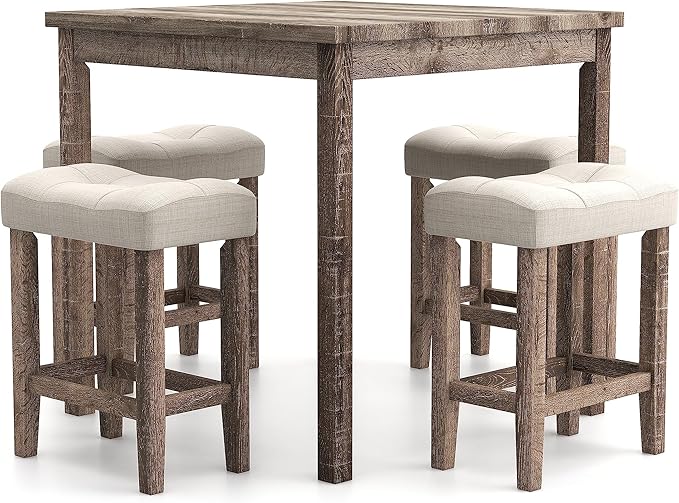 Furniture of America Colt Transitional Solid Wood 5-Piece Counter Height Set, Includes Square Table and 4 Beige Upholstered Stools for Kitchen, Dining Room, Gray - LeafyLoom