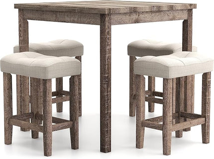 Furniture of America Colt Transitional Solid Wood 5-Piece Counter Height Set, Includes Square Table and 4 Beige Upholstered Stools for Kitchen, Dining Room, Gray with Care Kit - LeafyLoom