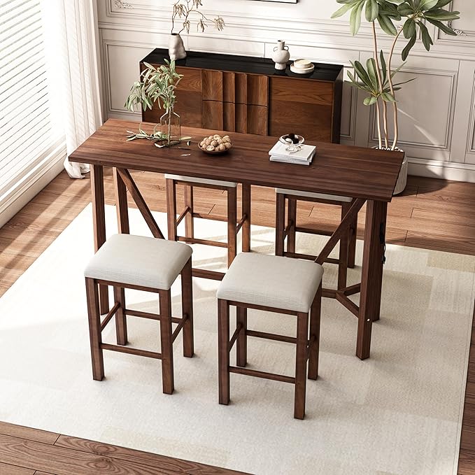 NicBex Dining Table Set for 4 Table and Chairs Modern 5-Piece Dining Table Set Bar Kitchen Table Set with Upholstered Stools for Small Space, Breakfast Nook, Easy Assemble, Walnut - LeafyLoom