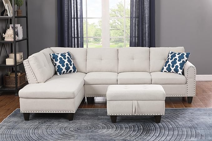 98" L-Shaped Sectional Couch with Storage Ottoman and Left Facing Chaise,Linen Upholstered Sofa with 2 Cup Holders and 2 Throw Pillows for Living Room,Beige - LeafyLoom