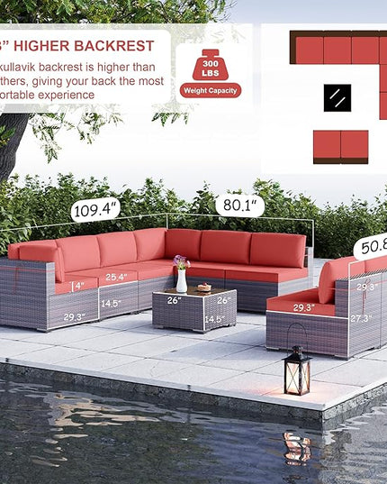Kullavik 9PCS Outdoor Patio Furniture Set PE Wicker Rattan Sectional Sofa Patio Conversation Sets,Red - LeafyLoom