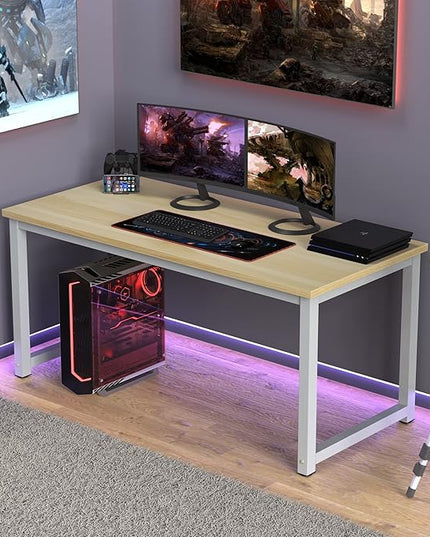 NSdirect 63" Computer Desk,Large Home Office Desk Wide Workstation 1 inch Thicker Tabletop for Writing,Games and Home Work PC Desk Modern Finish Wood Board and Sturdy Steel Legs,Oak+White - LeafyLoom