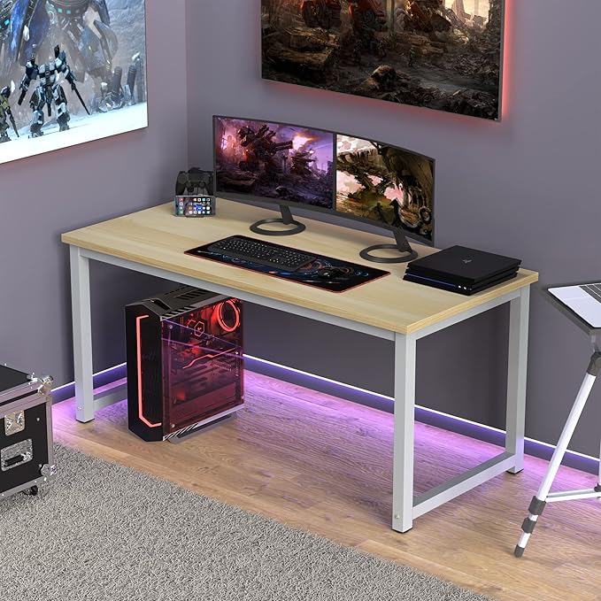 NSdirect 63" Computer Desk,Large Home Office Desk Wide Workstation 1 inch Thicker Tabletop for Writing,Games and Home Work PC Desk Modern Finish Wood Board and Sturdy Steel Legs,Oak+White - LeafyLoom