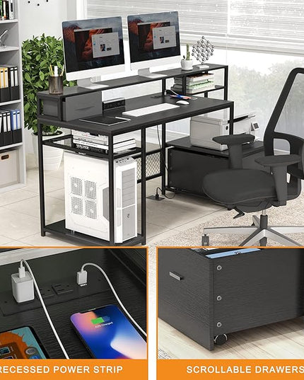 Home Office Desks with Drawers, 66‘’ Computer Desk with Storage, Office Desk with Monitor Stand, Work Desk with Outlets and USB, Gaming Table Desk with File Cabinet for Home Office Table, Black - LeafyLoom