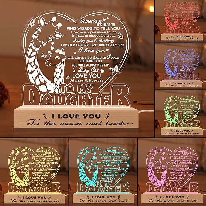 ARTSYWIX Daughter 3D Illusion Lamp with Wooden Base USB Powered Acrylic Night Light, Daughter Gifts from Mom, to My Daughter Lamp, Gift for Girls Women, Gifts for Birthday Graduation Keepsake - LeafyLoom