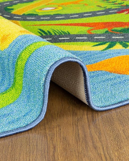 KC Cubs Playtime Collection Dinosaur Dino Safari Road Map Educational Learning & Game Area Rug Carpet for Kids and Children Bedrooms and Playroom (8'2" x 9'10") - LeafyLoom