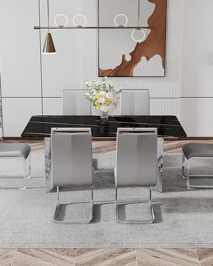 NicBex Modern Minimalist Dining Table Black Imitation Marble Glass Desktop is Equipped with Silver Metal Legs Suitable for Restaurants and Living Rooms, Black + Silver - LeafyLoom