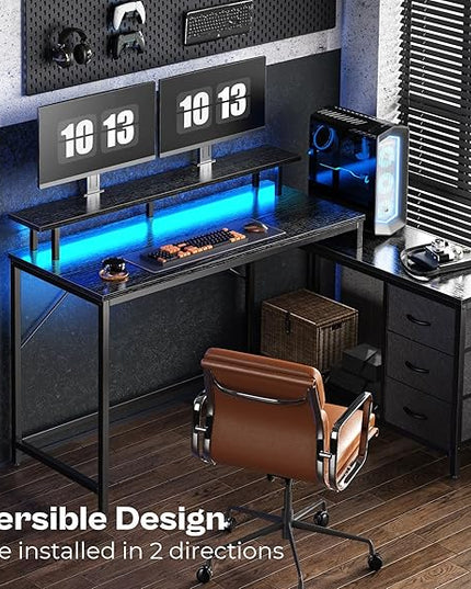 Reversible L Shaped Computer Desk with Drawers, Gaming Desk with LED Lights and Power Outlets, Office Desk with Storage Shelves, for Home & Office, Black - LeafyLoom