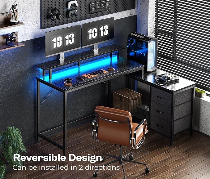 Reversible L Shaped Computer Desk with Drawers, Gaming Desk with LED Lights and Power Outlets, Office Desk with Storage Shelves, for Home & Office, Black - LeafyLoom