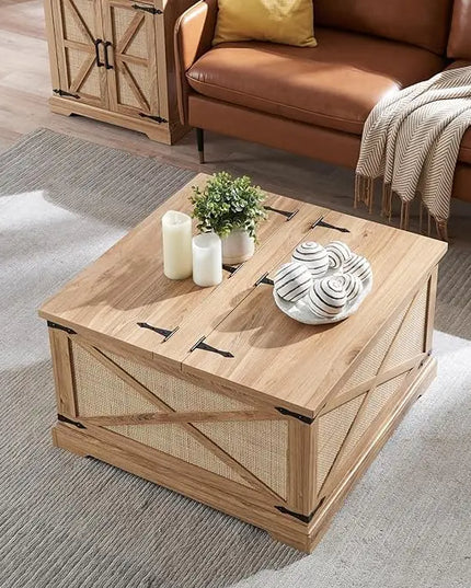 Farmhouse Square Coffee Table with Storage, Wood Center Table with Hinged Lift Top, Rustic Cocktail Table with Large Hidden Storage Compartment for Living Room, Bedroom,Natural,Rattan - LeafyLoom