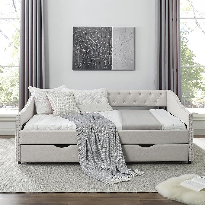 Full Size Upholstered Daybed with Two Storage Trundle Drawers, Wooden Sofa Bed w/Button Tufted Backrest and Waved Shape Arms, No Box Spring Needed, for Living Room, Bedroom, Dorm, Beige - LeafyLoom