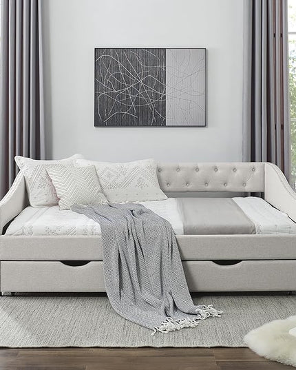 Upholstered Full Size Daybed with Two Storage Trundle Drawers, Solid Wooden Bed Frame w/Button Tufted Backrest, No Box Spring Needed, for Kids, Bedroom, Dorm - LeafyLoom