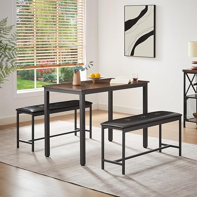 NicBex Dining Table Set Breakfast Nook Table Set Barstool Dining Table with 2 Pu Upholstered Benches Industrial Style Dining Table and Chairs for Kitchen, Living Room, Rustic Brown - LeafyLoom