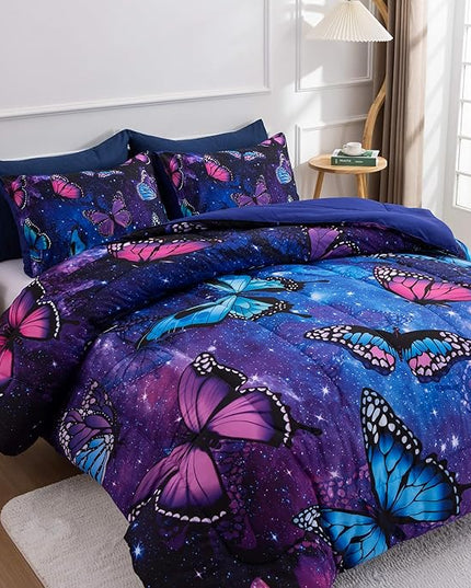 Btargot 3 Piece Butterfly Pattern Girls Comforter Set with 2 Pillow Covers, Galaxy Outer Space Printed Bedding Set for Women, Queen Purple Blue - LeafyLoom