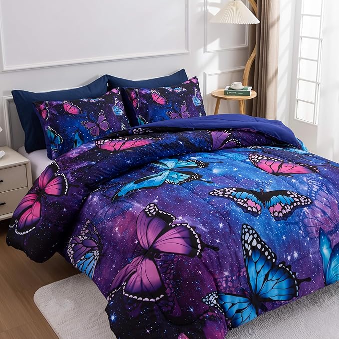 Btargot 3 Piece Butterfly Pattern Girls Comforter Set with 2 Pillow Covers, Galaxy Outer Space Printed Bedding Set for Women, Queen Purple Blue - LeafyLoom