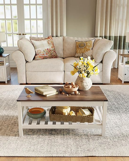 Farmhouse Coffee Table with 2-Tier Shelves - Rectangular Coffee Table with Storage for Living Room, Wood Coffee Table with Sturdy Frame, Brown - LeafyLoom