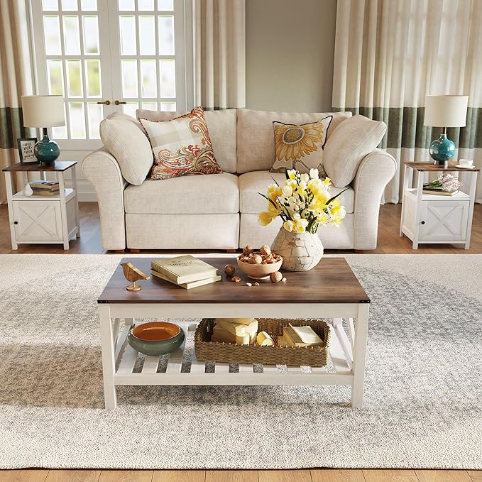 Farmhouse Coffee Table with 2-Tier Shelves - Rectangular Coffee Table with Storage for Living Room, Wood Coffee Table with Sturdy Frame, Brown - LeafyLoom