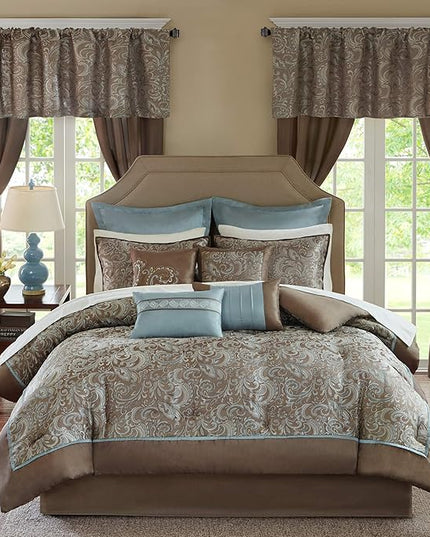Madison Park Essentials Brystol 24 Piece Room in a Bag Faux Silk Comforter Jacquard Paisley Design Matching Curtains Down Alternative Hypoallergenic All Season Bedding-Set, King (104 in x 92 in), Blue - LeafyLoom