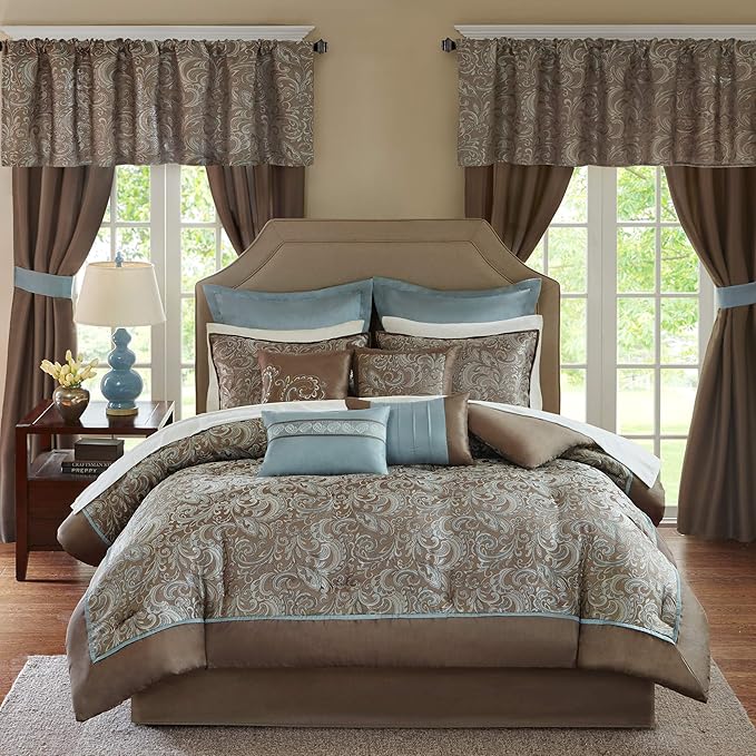 Madison Park Essentials Brystol 24 Piece Room in a Bag Faux Silk Comforter Jacquard Paisley Design Matching Curtains Down Alternative Hypoallergenic All Season Bedding-Set, King (104 in x 92 in), Blue - LeafyLoom
