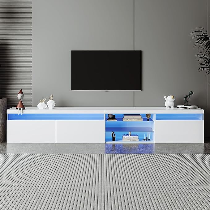 NicBex TV Stand for 100 Inch TV LED Gaming Entertainment Center Media Storage Console Table with 2 Glass Shelves and LED Color Changing Lights for Living Room,Bedroom,94.50 Inch,White - LeafyLoom