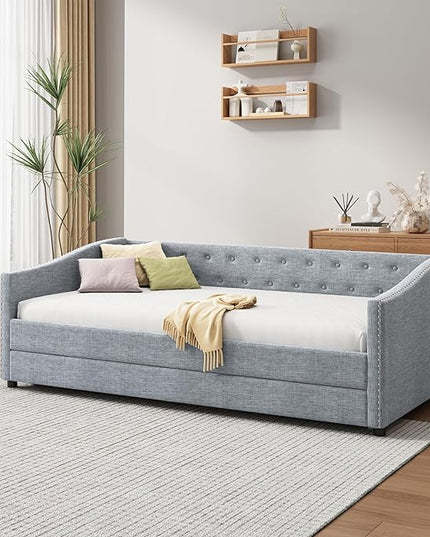 Twin Size Upholstered Daybed with Twin Size Trundle,Wood Sofa Bed Frame W/Button Tufted Back and Nailhead Decorated Waved Shape Arms,Slat Support,for Bedroom,Living Room,Apartment,Light Gray - LeafyLoom