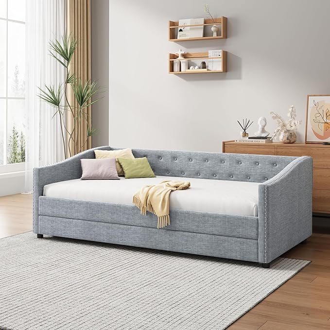 Twin Size Upholstered Daybed with Twin Size Trundle,Wood Sofa Bed Frame W/Button Tufted Back and Nailhead Decorated Waved Shape Arms,Slat Support,for Bedroom,Living Room,Apartment,Light Gray - LeafyLoom