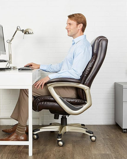 Amazon Basics Big & Tall Executive Computer Desk Chair With Lumbar Support, Adjustable Height and Tilt, 350 Lb Capacity, Brown With Pewter Finish, 28.5" D x 30.25" W x 47.9" H - LeafyLoom