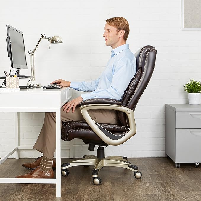 Amazon Basics Big & Tall Executive Computer Desk Chair With Lumbar Support, Adjustable Height and Tilt, 350 Lb Capacity, Brown With Pewter Finish, 28.5" D x 30.25" W x 47.9" H - LeafyLoom