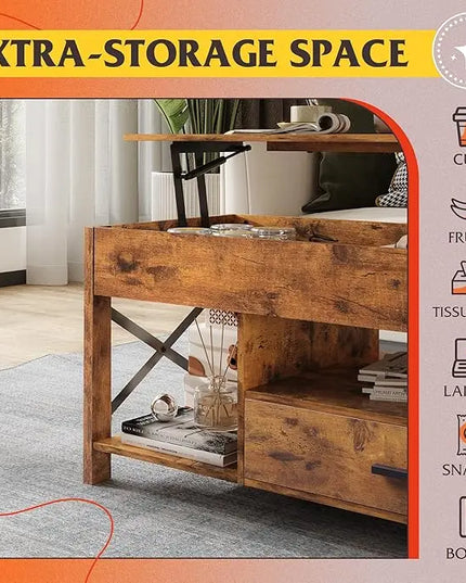 WLIVE Coffee Table, 39" Lift Top Coffee Table with Hidden Compartment and Sorage Drawers for Living Room, Rustic Brown - LeafyLoom