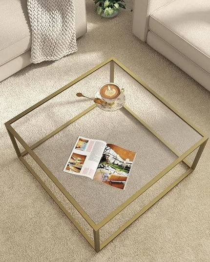 SAYGOER Gold Coffee Table Glass Modern Coffee Tables for Small Space Simple Square Center Table for Living Room Home Office 26.7 x 26.7 x 15.7, Easy Assembly - LeafyLoom