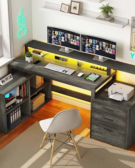 YITAHOME L Shaped Desk with 3 Drawers, 65" Corner Computer Desk with Power Outlets & LED Lights, L-Shaped Desk with File Cabinet & Printer Stand for Home Office, Grey - LeafyLoom