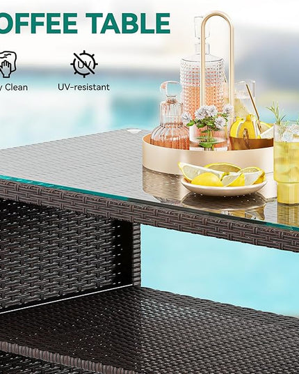YITAHOME Patio Furniture Wicker Outdoor Bistro Set, 4-Piece All Weather Rattan Conversation Loveseat for Backyard, Balcony and Deck w/Soft Cushions and Metal Coffee Table (Brown+Blue) - LeafyLoom