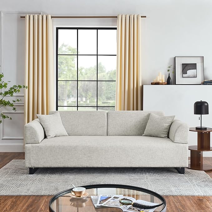Morden Linen Upholstered 3 Seat Sofa Couch with Two End Tables and 2 Pillows, Free Transformation Removable Back and Armrests for Living Room, 86.25", Beige-395 - LeafyLoom