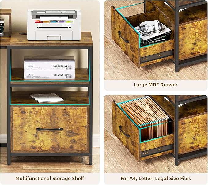 L Shaped Desk - 87" L Shaped Gaming Desk with Power Outlet & Monitor Shelf, Home Office Corner Computer Desk with Printer Shelf & File Drawer, Rustic Brown - LeafyLoom