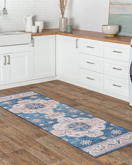 nuLOOM Norma Machine Washable Traditional Medallion Ultra Thin Runner Rug, 2' 6" x 8', Blue - LeafyLoom