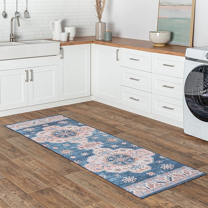 nuLOOM Norma Machine Washable Traditional Medallion Ultra Thin Runner Rug, 2' 6" x 8', Blue - LeafyLoom