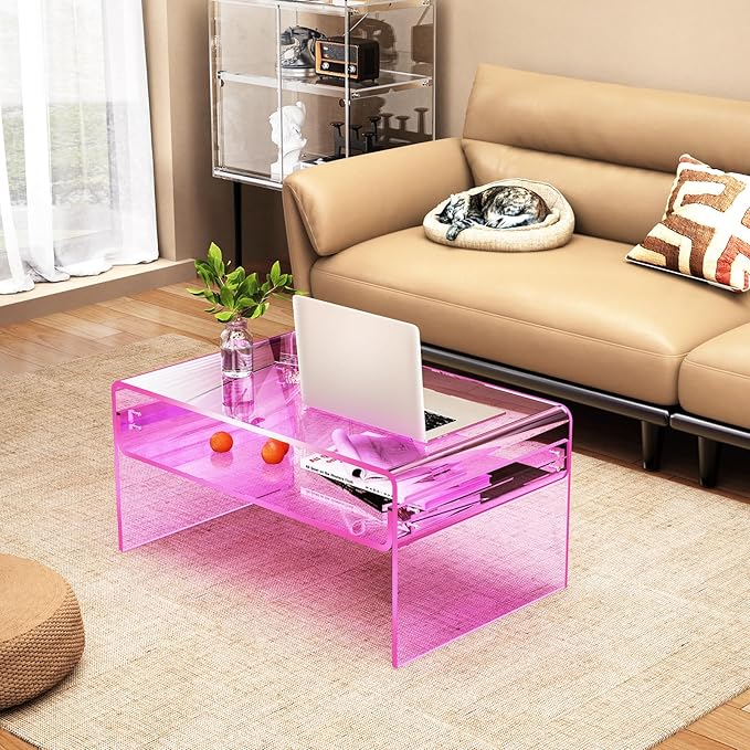 Acrylic Coffee Table for Living Room Clear Rectangle Lucite Table with Open Storage Shelf (1, Pink, Large) - LeafyLoom