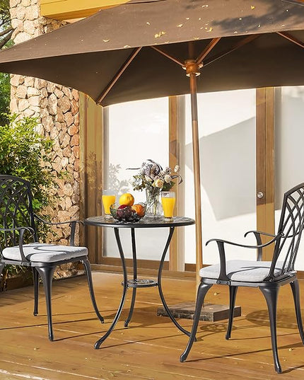 NUU GARDEN Bistro Set 3 Piece Outdoor Cast Aluminum Patio Bistro Set Patio Table and Chairs Set of 2 with Umbrella Hole and Gray Cushions, Black - LeafyLoom