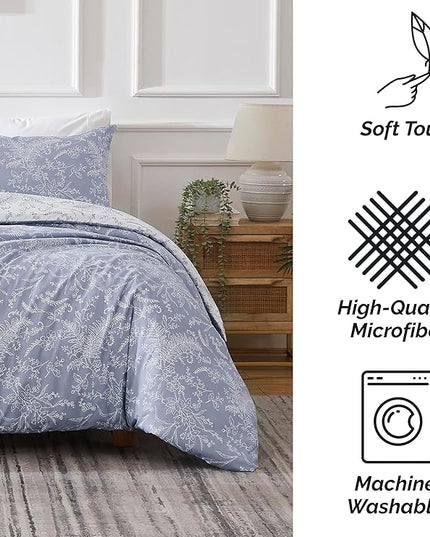 Southshore Fine Living, Inc. Full/Queen Comforter Set, Down Alternative Floral Comforter with Matching Shams, Reversible Print is 2 Colors in 1, Fits Queen & Full Beds, Winter Brush Blue/White - LeafyLoom