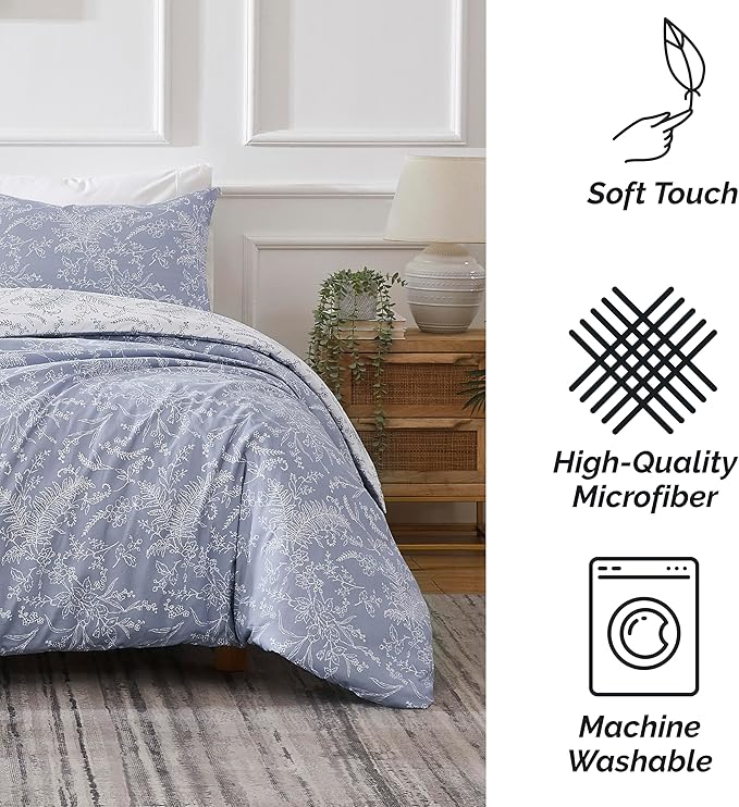 Southshore Fine Living, Inc. Full/Queen Comforter Set, Down Alternative Floral Comforter with Matching Shams, Reversible Print is 2 Colors in 1, Fits Queen & Full Beds, Winter Brush Blue/White - LeafyLoom