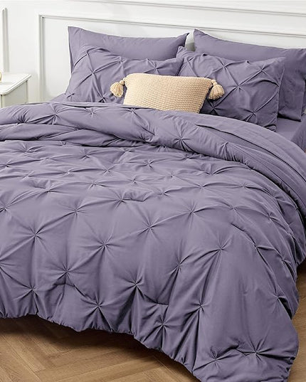 Bedsure Grayish Purple Comforter Set Queen - Bed in a Bag Queen 7 Pieces, Pintuck Beddding Sets Green Bed Set with Comforter, Sheets, Pillowcases & Shams - LeafyLoom