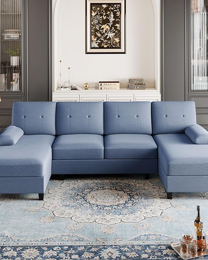 Shintenchi Sectional Couches for Living Room, U Shaped Sofa Couch with Double Chaise, 4-Seat Living Room Furniture Sets with Soft Cushion & Linen Fabric, Blue - LeafyLoom