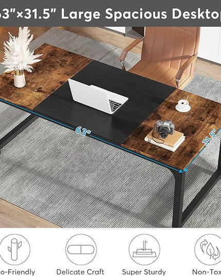 Tribesigns Modern Computer Desk, 63 x 31.5 inch Large Office Desk Computer Table Study Writing Desk Workstation for Home Office, Vintage Black Metal Frame - LeafyLoom