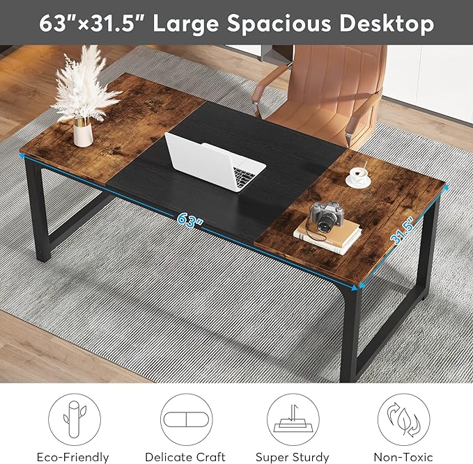 Tribesigns Modern Computer Desk, 63 x 31.5 inch Large Office Desk Computer Table Study Writing Desk Workstation for Home Office, Vintage Black Metal Frame - LeafyLoom