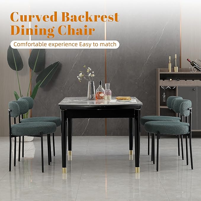 DYHOME Green Dining Chairs Set of 6, Mid-Century Modern Dining Chairs, Kitchen Dining Room Chairs, Curved Backrest Round Upholstered Boucle Sherpa Dining Chair with Black Metal Legs - LeafyLoom