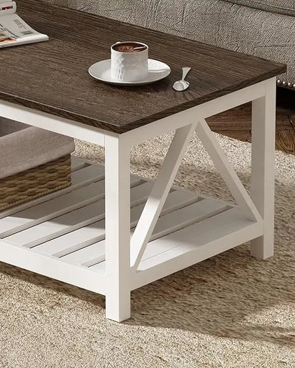 ChooChoo Farmhouse Coffee Table, Rustic Vintage Living Room Table with Shelf, 47 White - LeafyLoom