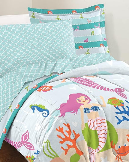 dream FACTORY Kids 7-Piece Complete Set Easy-Wash Super Soft Microfiber Comforter Bedding, Full, Light Blue Mermaid Dreams - LeafyLoom