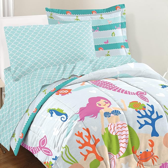 dream FACTORY Kids 7-Piece Complete Set Easy-Wash Super Soft Microfiber Comforter Bedding, Full, Light Blue Mermaid Dreams - LeafyLoom