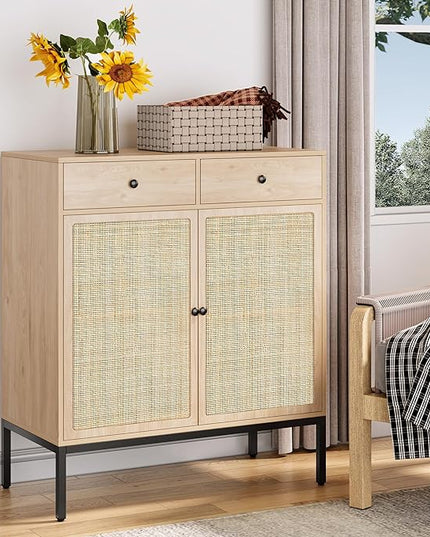 XIAO WEI Sideboard Cabinet with Handmade Natural Rattan Doors and Drawers, Rattan Cabinet Console Table Storage Cabinet Buffet Cabinet, for Kitchen, Living Room, Hallway, Entryway, Natural - LeafyLoom
