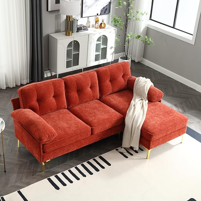L Shaped Convertible Sleeper Sectional Sofa with Reversible Chaise, 3 Seater Corner Couch Bed with Detachable Pillow Armrest and Golden Metal Legs for Living Room Apartment Small Space - LeafyLoom